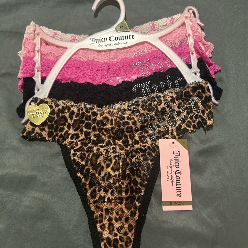 Juicy Couture Lace & Leopard Thong 5-Pack - Pink, Black, Leopard
